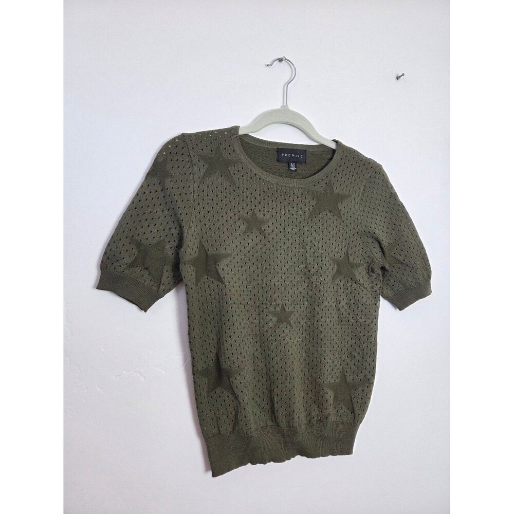 Premise Olive Green Loose Knit Sweater  Stars Lightweight Spring Short Sleeve S